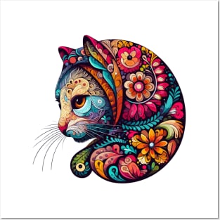 Neon Babushka Cat - Flowery Colorful Kitty Cat Head Profile Posters and Art